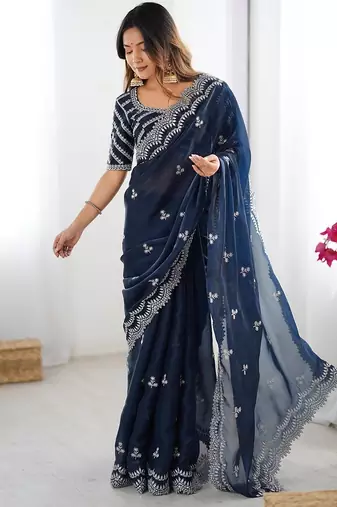 blue color art silk blend thread sequince embroidered saree with blouse