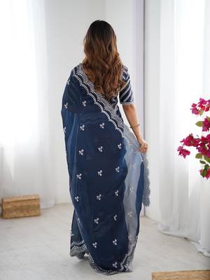 blue art silk blend thread sequince embroidered saree with blouse 4