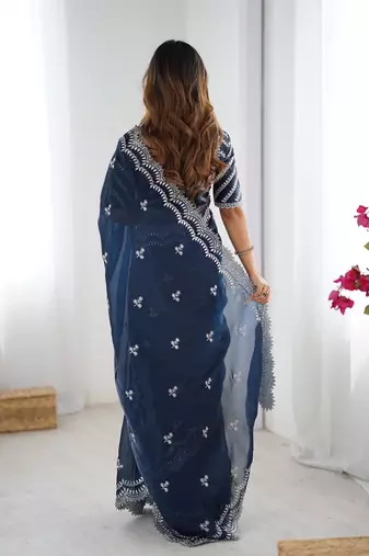 blue color art silk blend thread sequince embroidered saree with blouse