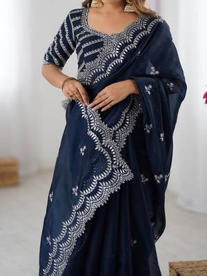 blue art silk blend thread sequince embroidered saree with blouse 5