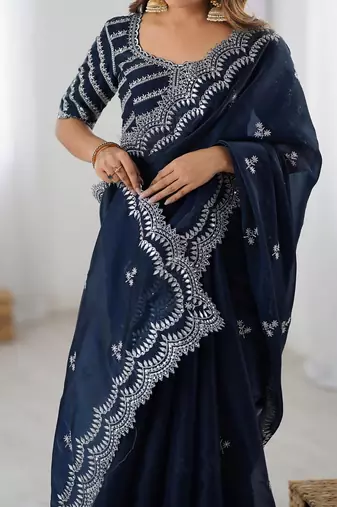 blue color art silk blend thread sequince embroidered saree with blouse