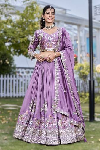 purple vichitra silk lehenga with embroidery