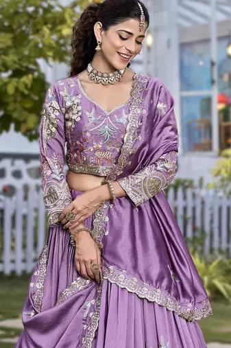 purple vichitra silk lehenga with embroidery