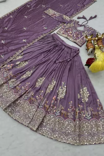 purple vichitra silk lehenga with embroidery