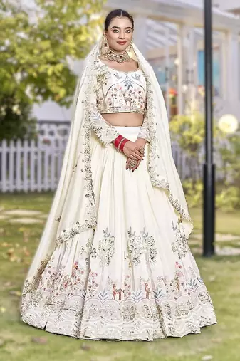 white vichitra silk lehenga with embroidery