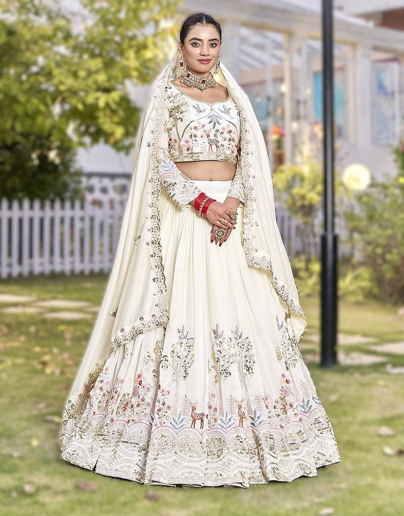 white vichitra silk lehenga with embroidery