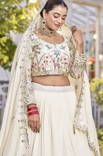 white vichitra silk lehenga with embroidery