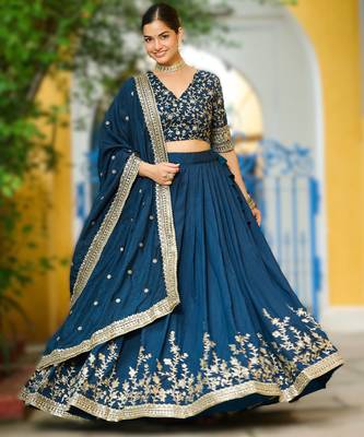 navy blue vichitra silk floral lehenga 1