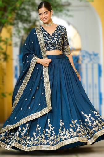 navy blue vichitra silk floral lehenga