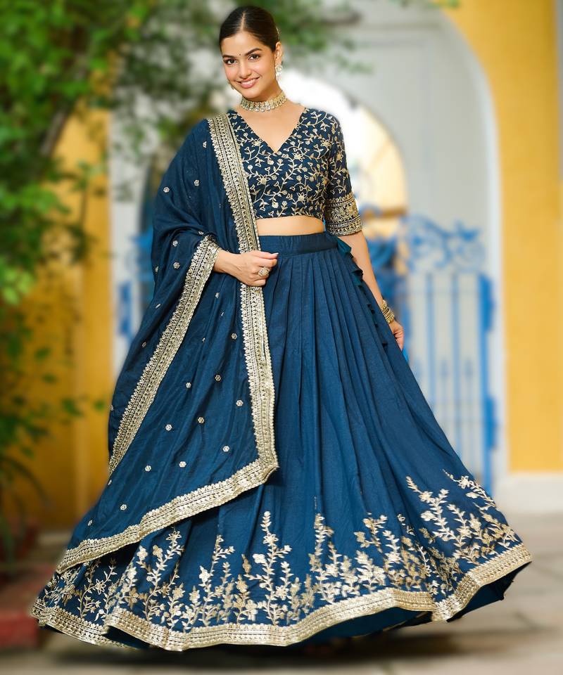 navy blue vichitra silk floral lehenga
