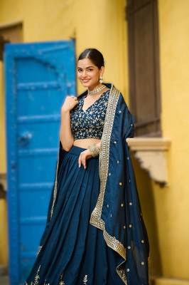 navy blue vichitra silk floral lehenga 2
