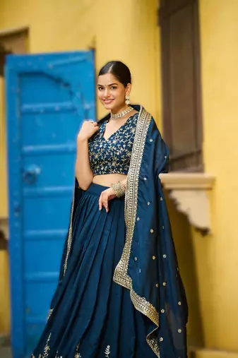 navy blue vichitra silk floral lehenga