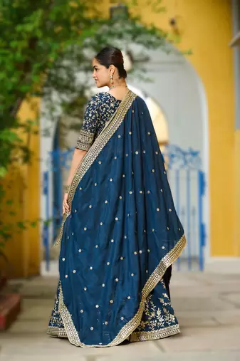 navy blue vichitra silk floral lehenga