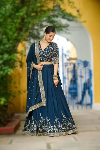 navy blue vichitra silk floral lehenga
