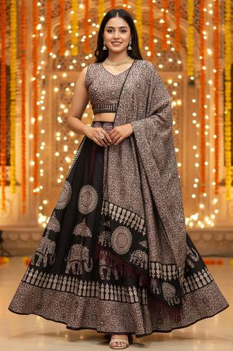 black cotton printed lehenga choli