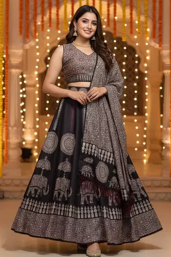 black cotton printed lehenga choli