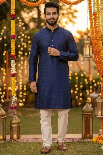 Men’s silk jacquard blue kurta with cotton pyjama