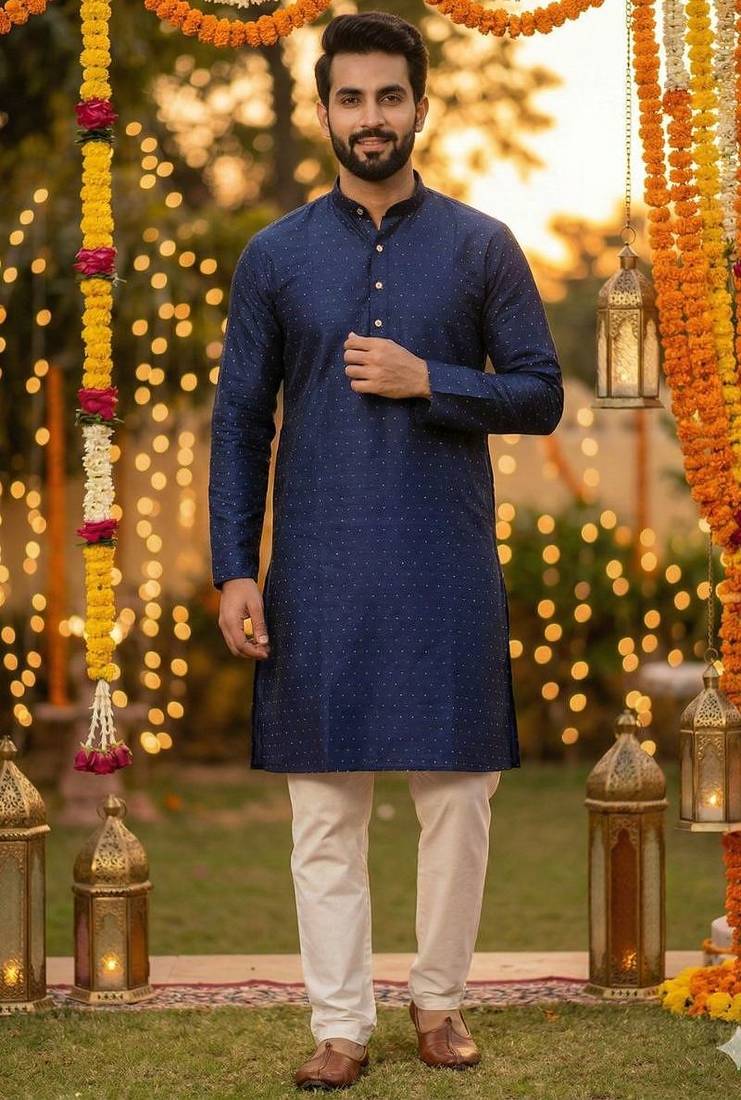 Men’s silk jacquard blue kurta with cotton pyjama