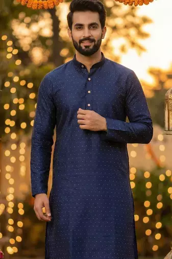 Men   s silk jacquard blue kurta with cotton pyjama