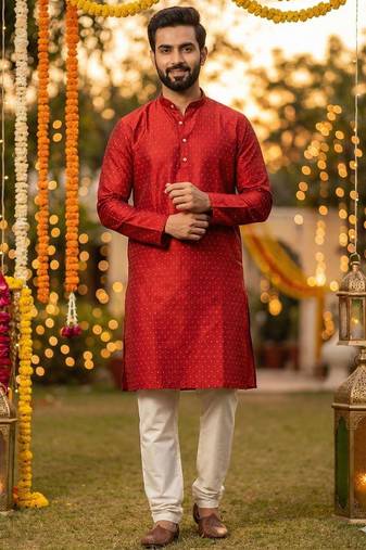 Men   s silk jacquard maroon kurta with cotton pyjama
