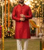 Men   s silk jacquard maroon kurta with cotton pyjama