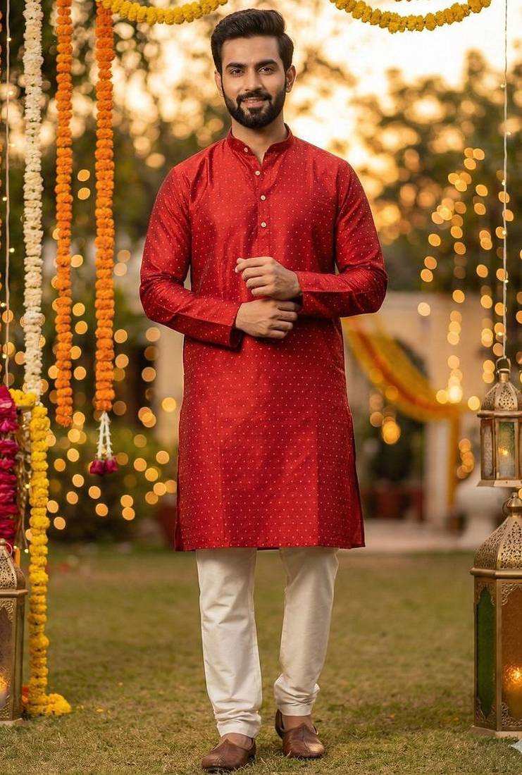 Men   s silk jacquard maroon kurta with cotton pyjama