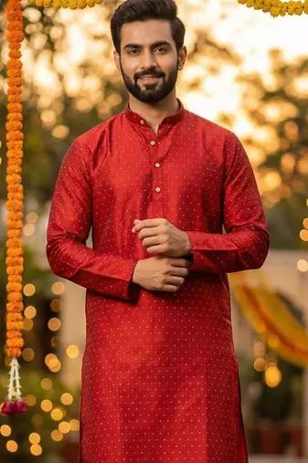 Men   s silk jacquard maroon kurta with cotton pyjama