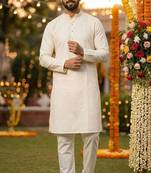 Men   s silk jacquard off-white kurta with cotton pyjama