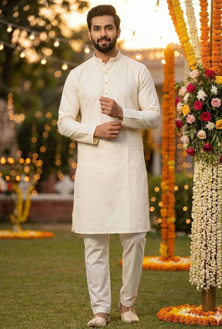 Men   s silk jacquard off-white kurta with cotton pyjama