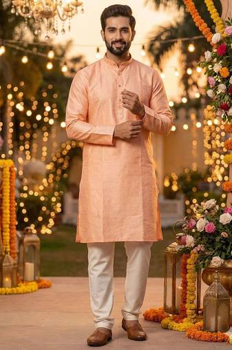 Men   s silk jacquard peach kurta with cotton pyjama