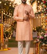 Men   s silk jacquard peach kurta with cotton pyjama