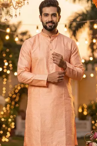 Men   s silk jacquard peach kurta with cotton pyjama