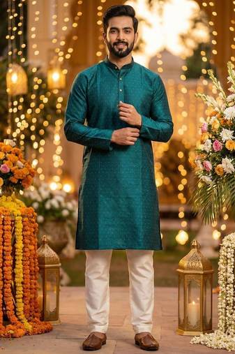 Men   s silk jacquard rama green kurta with cotton pyjama