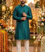Men   s silk jacquard rama green kurta with cotton pyjama