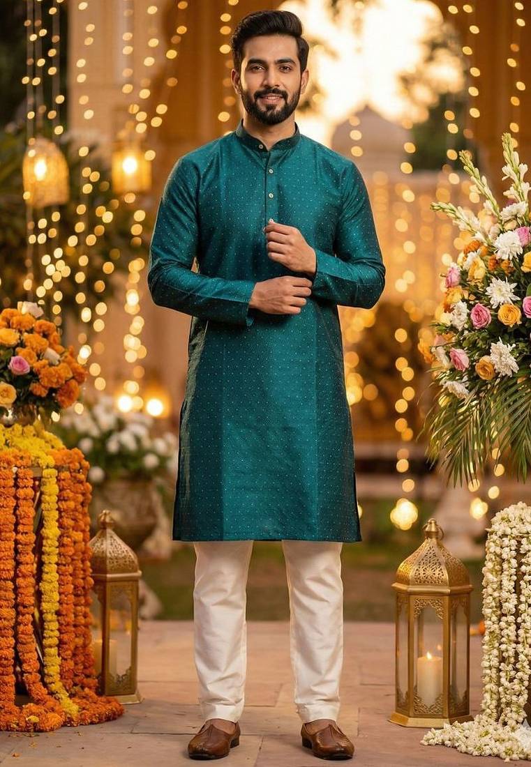 Men   s silk jacquard rama green kurta with cotton pyjama