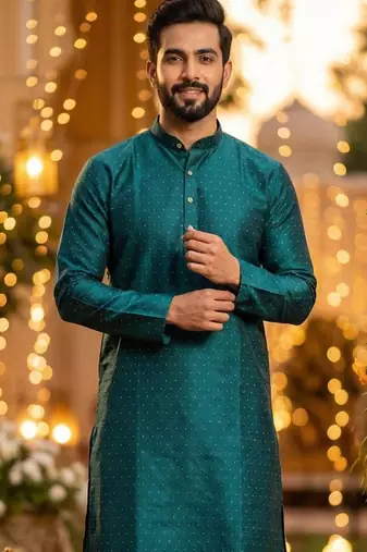 Men   s silk jacquard rama green kurta with cotton pyjama