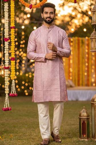 Men   s silk jacquard rose pink kurta with cotton pyjama