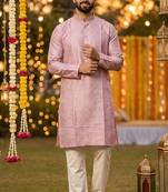 Men   s silk jacquard rose pink kurta with cotton pyjama