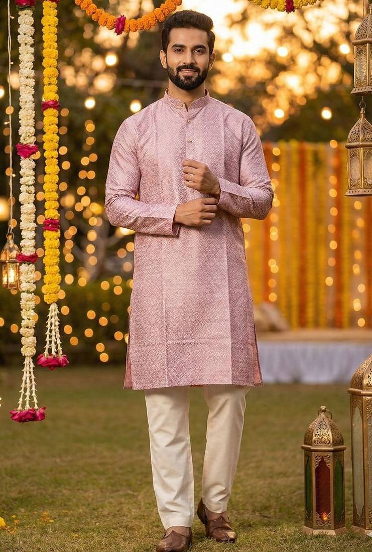 Men   s silk jacquard rose pink kurta with cotton pyjama
