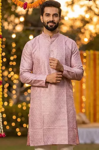 Men   s silk jacquard rose pink kurta with cotton pyjama