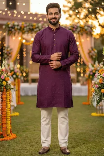 Men   s silk jacquard wine kurta with cotton pyjama