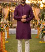 Men   s silk jacquard wine kurta with cotton pyjama