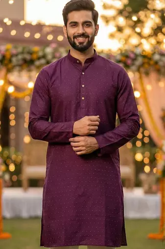 Men   s silk jacquard wine kurta with cotton pyjama