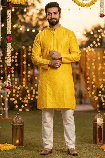 Men   s silk jacquard yellow kurta with cotton pyjama