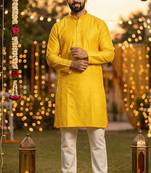 Men   s silk jacquard yellow kurta with cotton pyjama