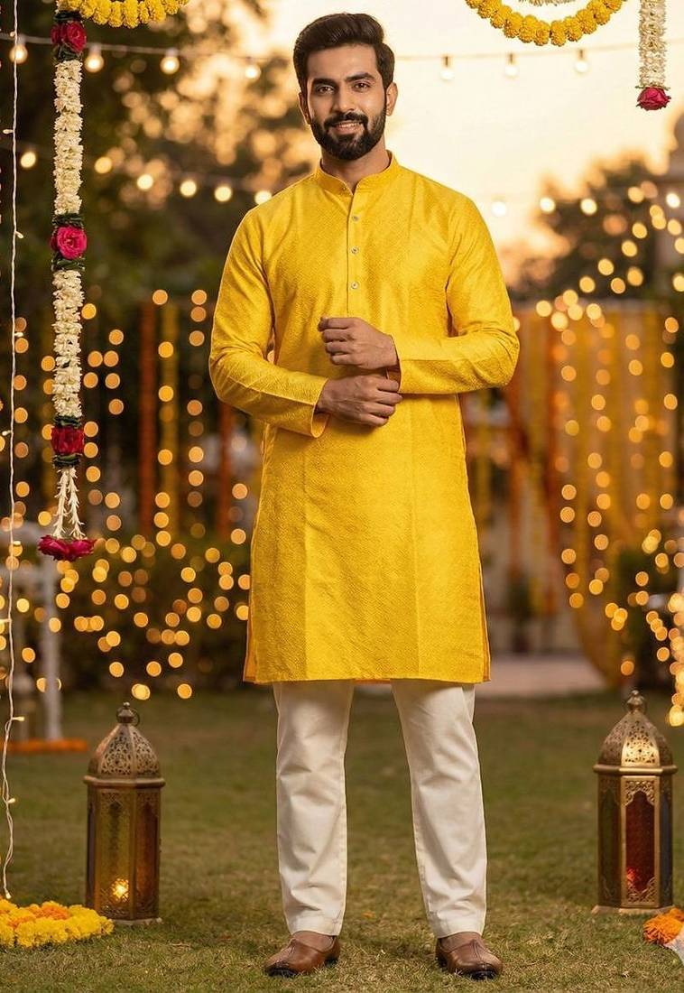 Men   s silk jacquard yellow kurta with cotton pyjama