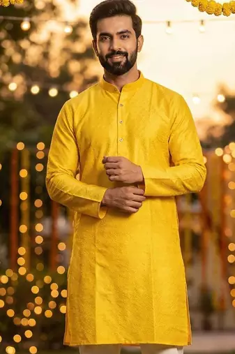 Men   s silk jacquard yellow kurta with cotton pyjama