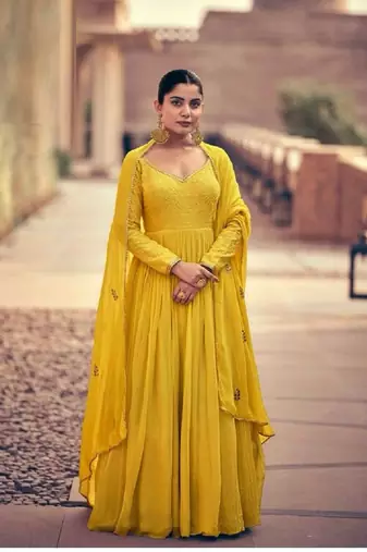Yellow embroidered georgette anarkali-salwar-kameez