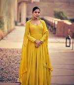 Yellow embroidered georgette anarkali-salwar-kameez