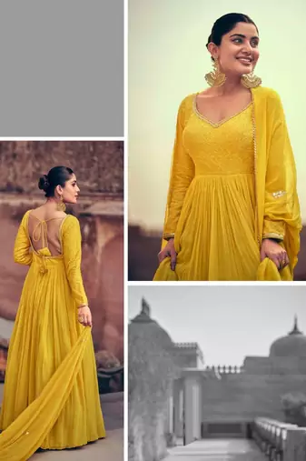 Yellow embroidered georgette anarkali-salwar-kameez